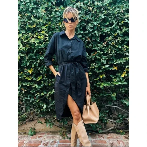 Monrow Asymmetrical Poplin Tie Shirt Dress in Black 100% Cotton, Size Small - Picture 3 of 14